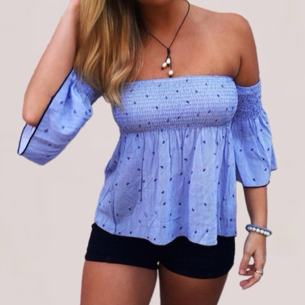Bluebell Blue Cinched Off-the-shoulder Blouse Size Small - Picture 2 of 11